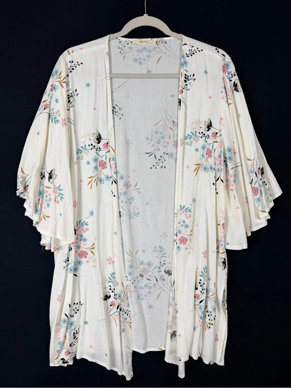 ANDREE BY UNIT Cream Floral Kimono Robe Coverup with Pink & Blue Accents Large